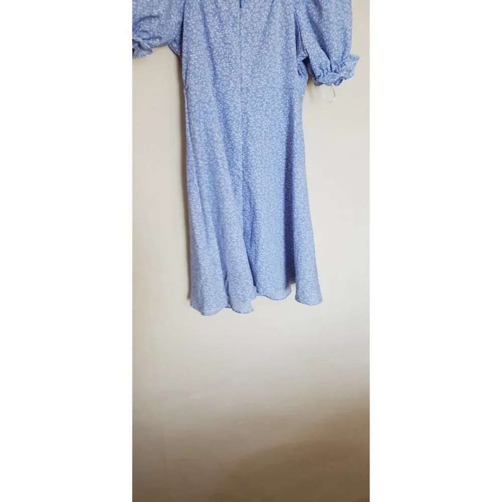 Blue Floral Dress Size S Back Zip Cottage Core Puffed Short Sleeve Off Shoulders - Picture 16 of 16
